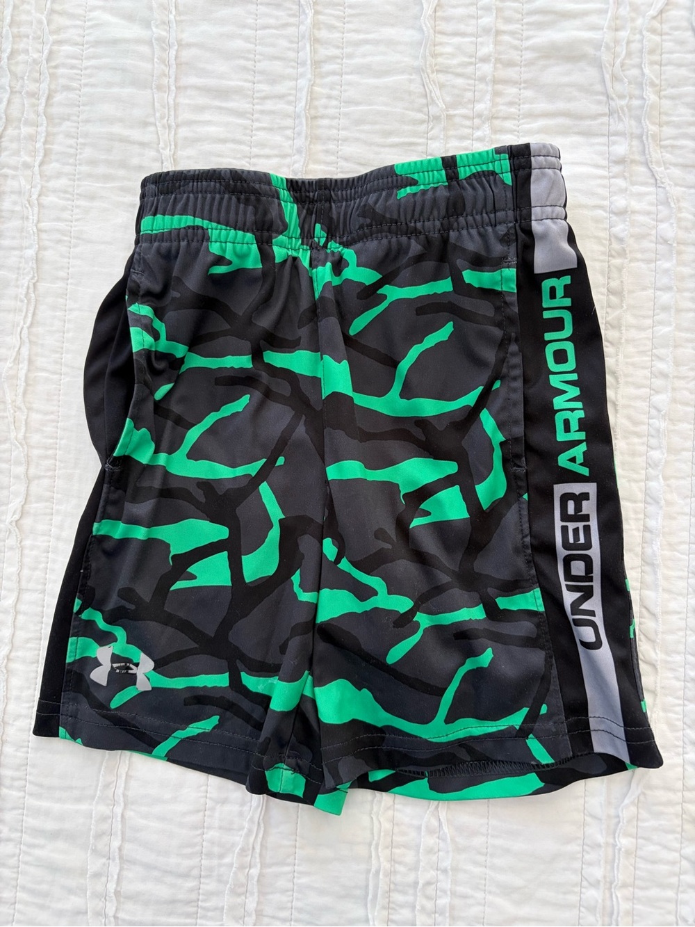 Under Armour Black and Green Camo Athletic Shorts with Logo Side Panel